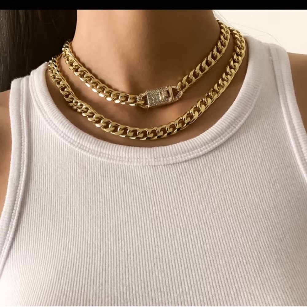 Gold Cuban Link Double-Layer Necklace with Pavé Clasp